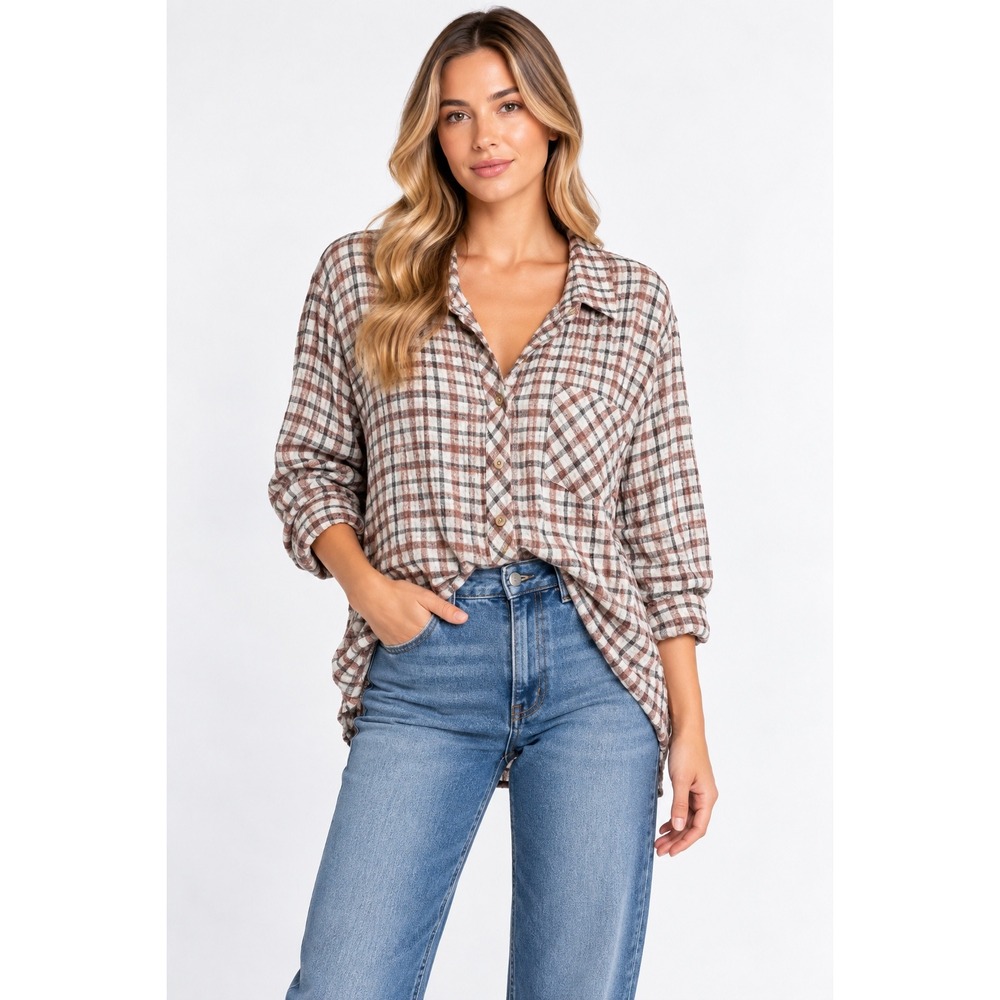 Rails Brady Shirt Women Large Brown Plaid Excellent Textured Button Down Top